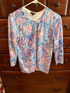 Talbots Pastel Floral Print Cardigan in Pink and Blue